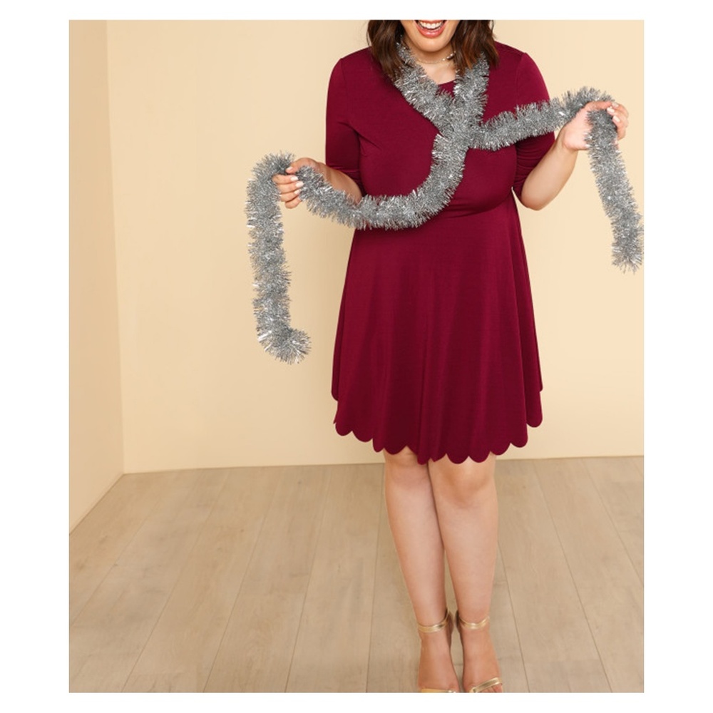 Burgundy Red 3/4 Sleeve Fit & Flare Scallop Dress - Picture 5 of 5